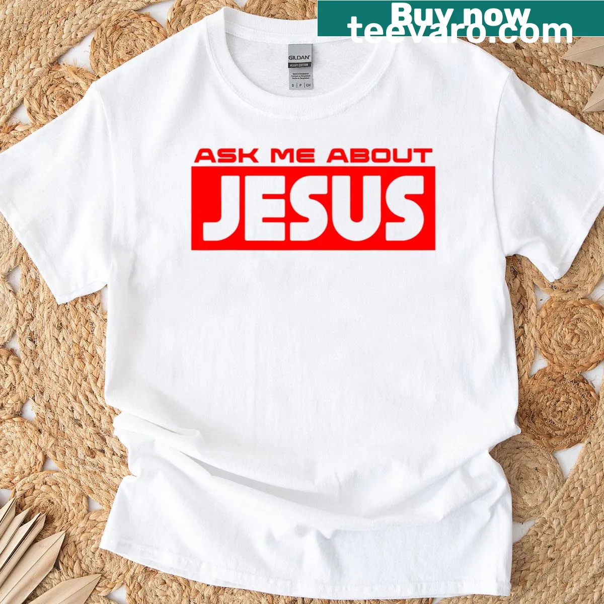 Christian T-shirt with the phrase 'Ask Me About Jesus' in bold typography — on a men's t-shirt