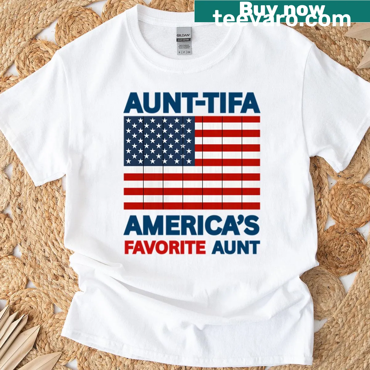 Cute T-shirt with the phrase 'Aunt-tifa Americas Favorite Aunt' in hand-lettered style — on a men's t-shirt