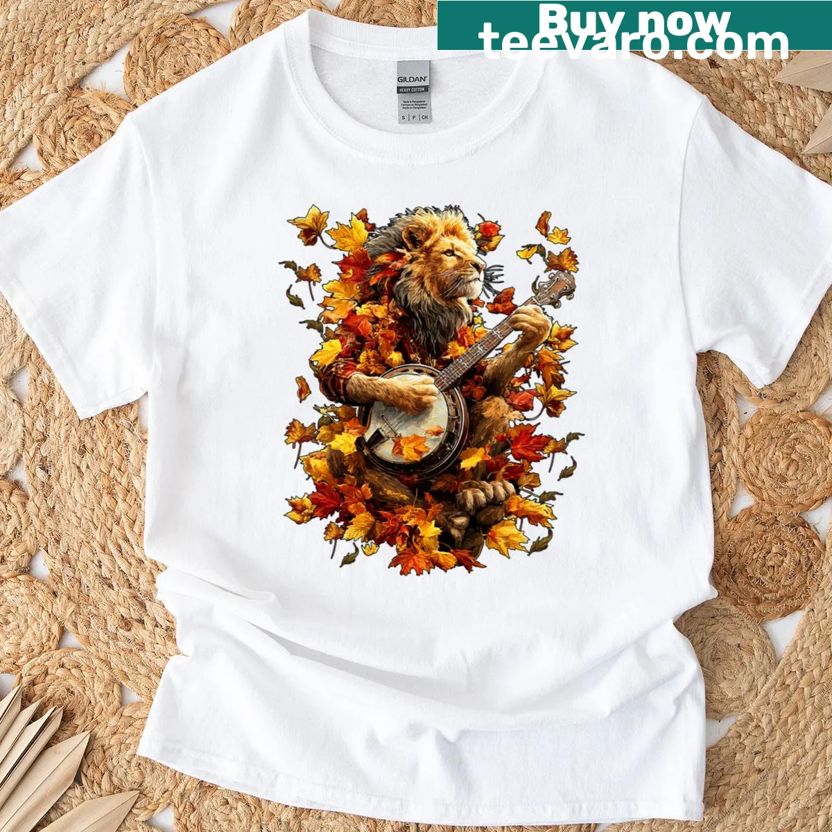 Illustration of a lion playing a banjo among autumn leaves — on a men's t-shirt