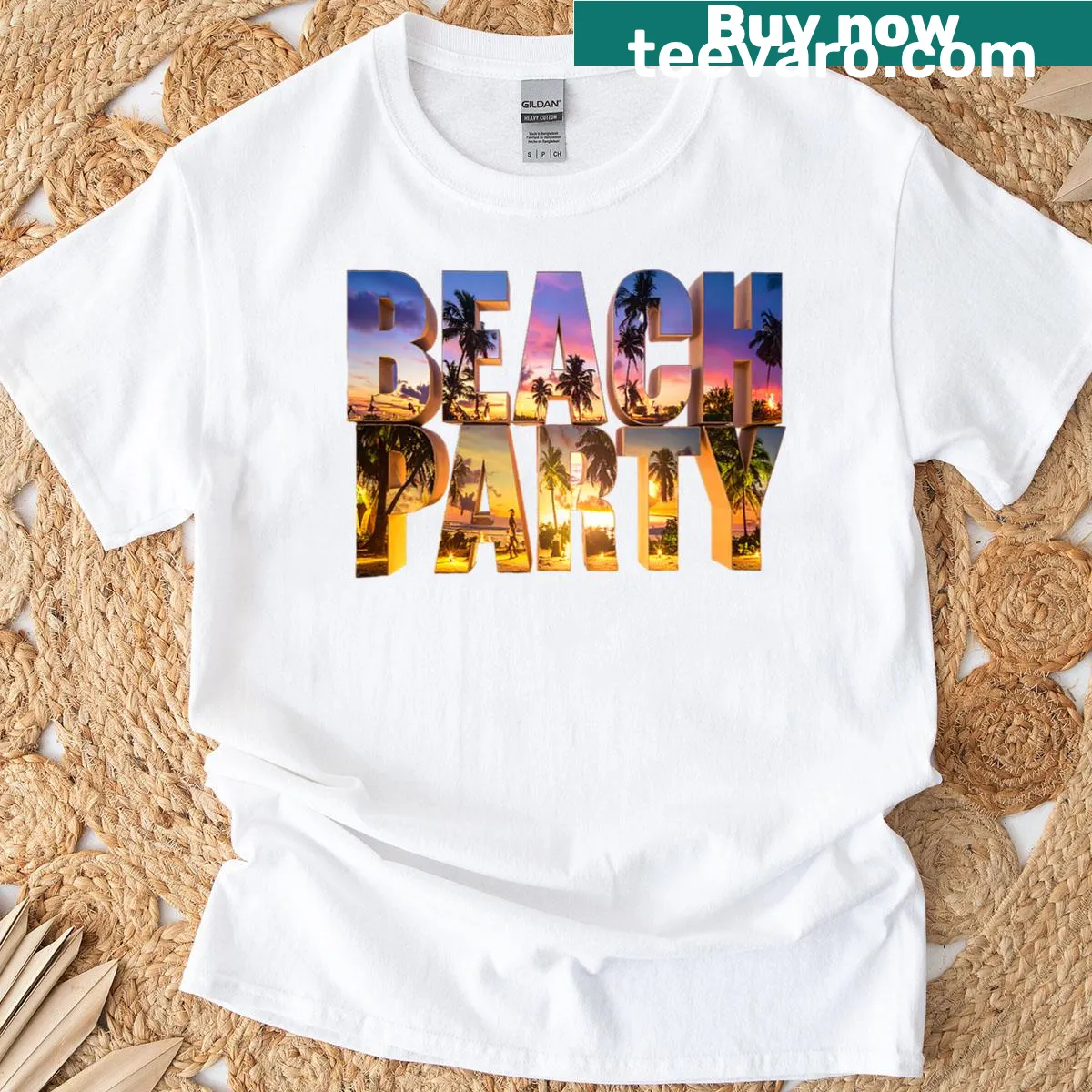 Vintage-style t-shirt with 3D beach party lettering and tropical scene design. — on a men's t-shirt