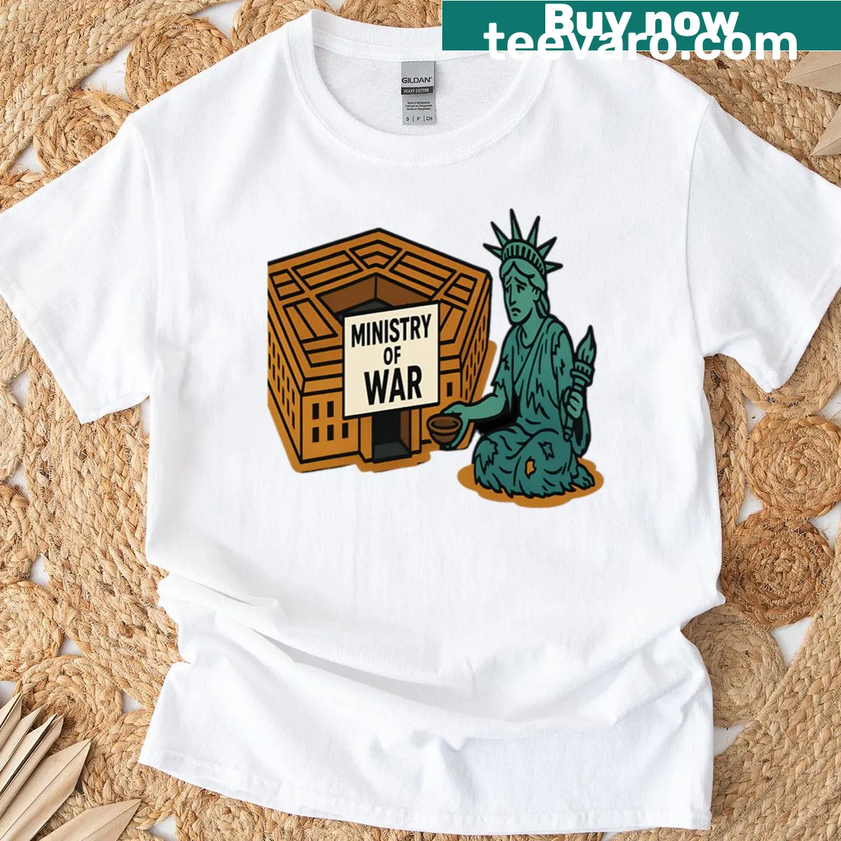 Oversized t-shirt with the message 'Begging For Peace Liberty In Front Of The Ministry' — on a men's t-shirt