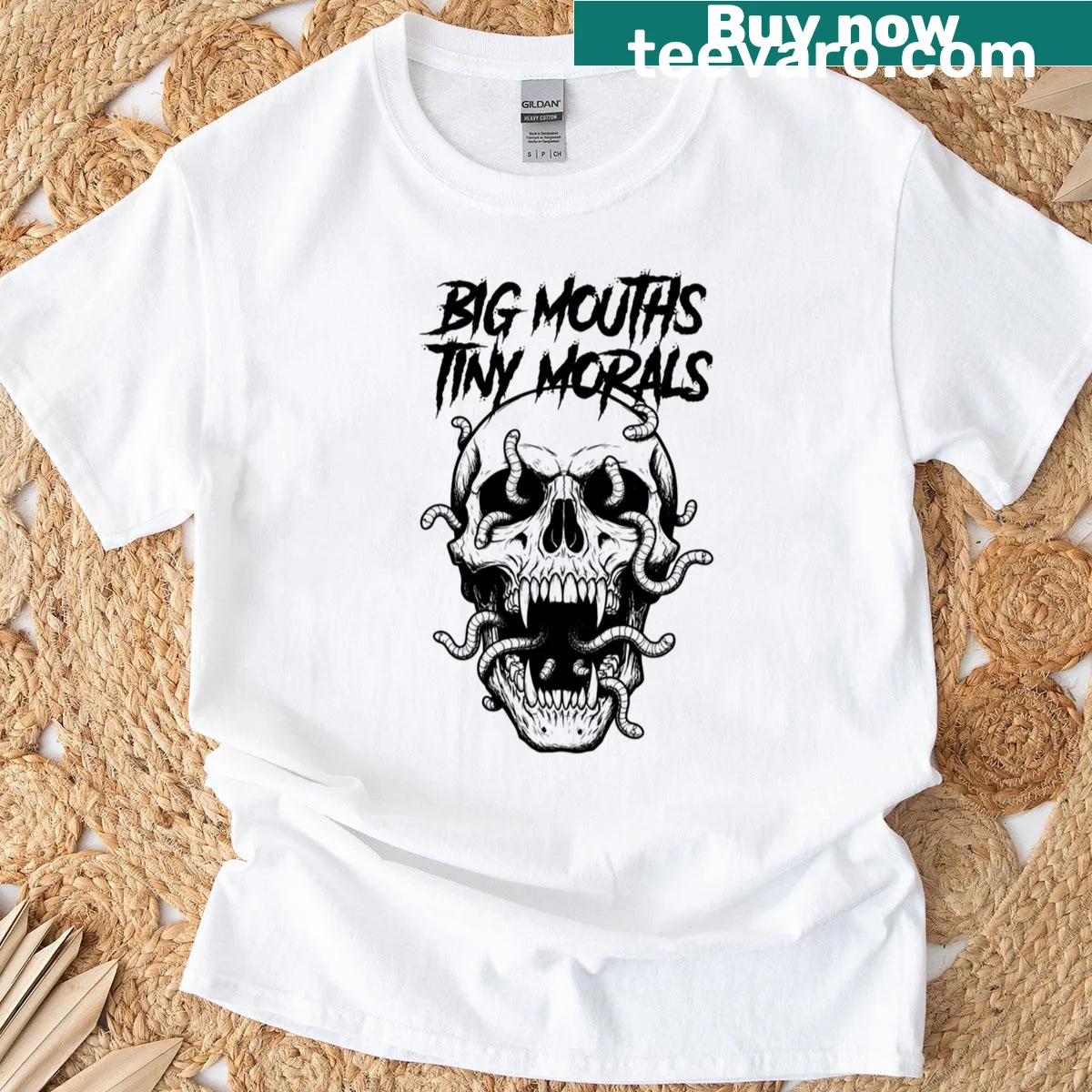 Skeleton art T-shirt with grindcore theme and bold graphic design — on a men's t-shirt