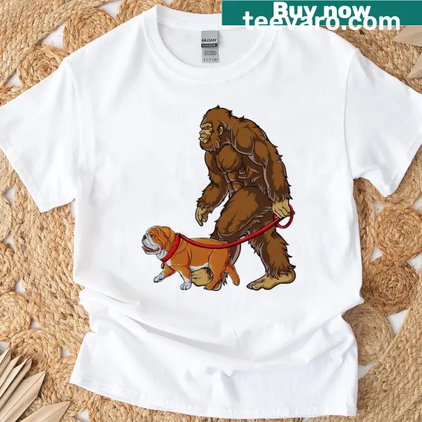 Bigfoot walking an English Bulldog illustration on a T-shirt