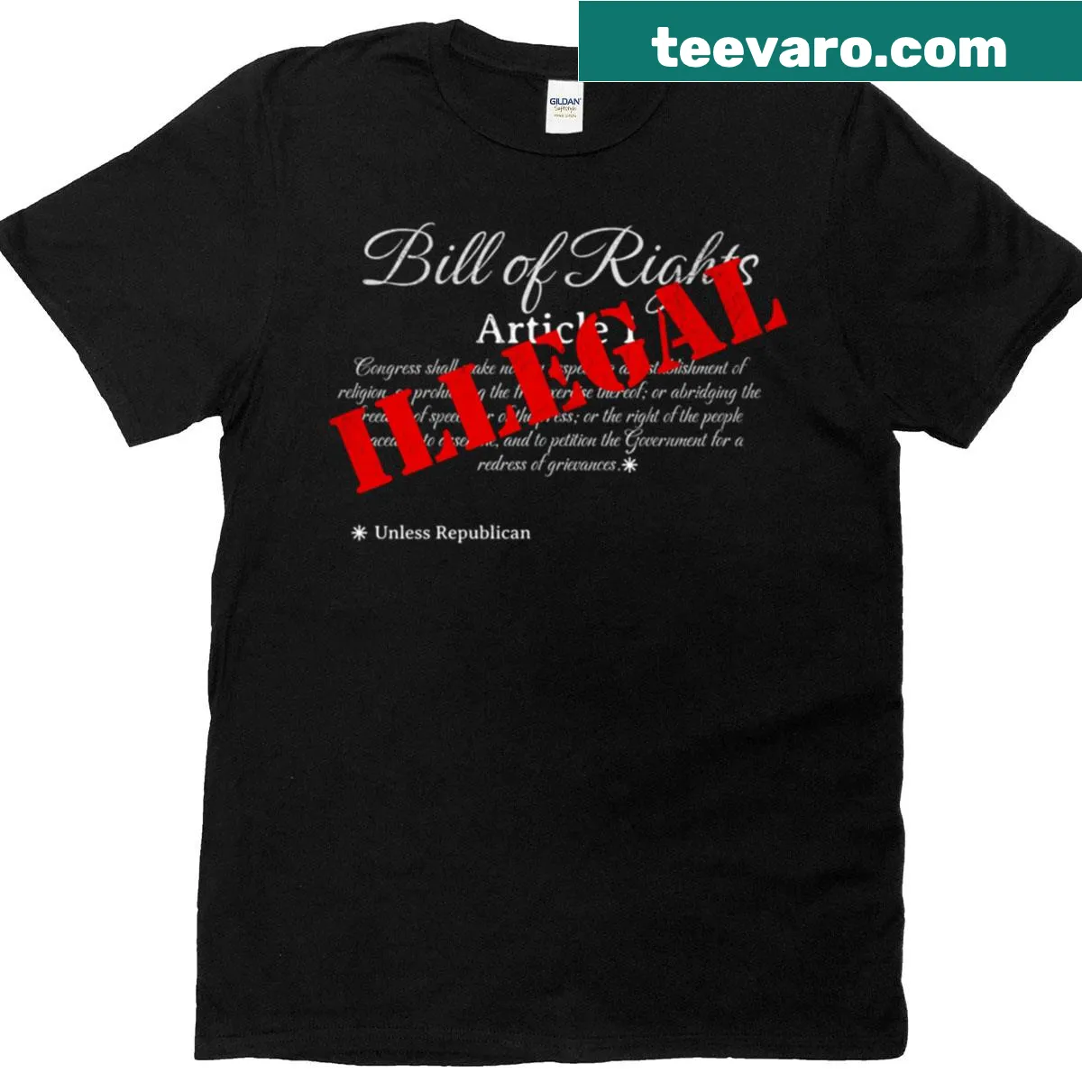 Parody design of the Bill of Rights for political protest — on a men's t-shirt