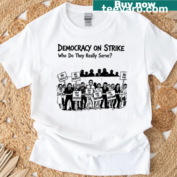 T-shirt featuring black and white illustration of civil unrest with protest signs