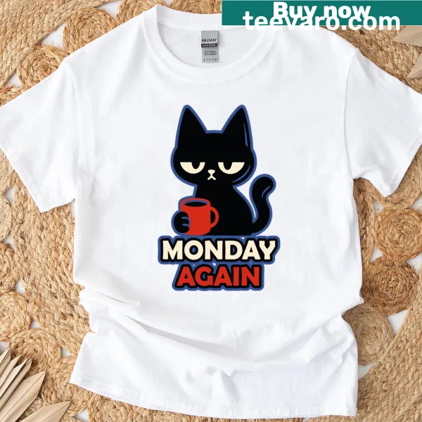 Funny black cat graphic for Mondays on a t-shirt