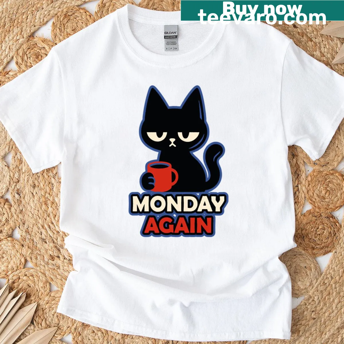 Funny black cat graphic for Mondays on a t-shirt — on a men's t-shirt