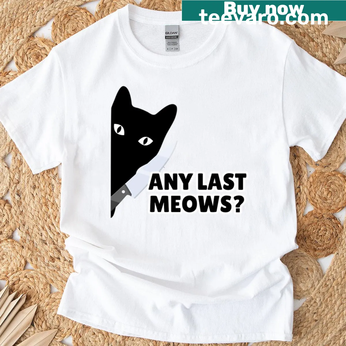 Edgy black cat with knife graphic on a t-shirt — on a men's t-shirt