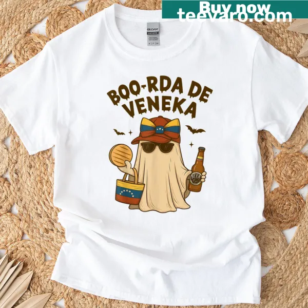Funny Halloween t-shirt with ghost graphic and text 'Boo-rda De Veneka'