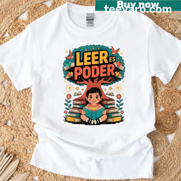 T-shirt with 'Books Bring Power Leer Es Poder' text celebrating literacy