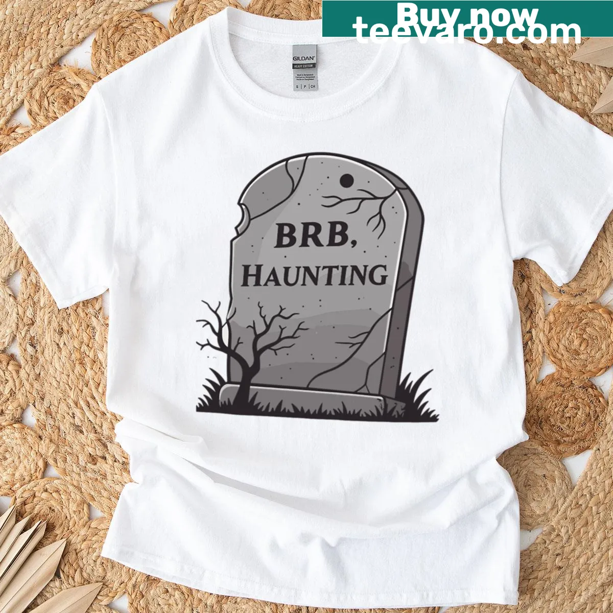 Funny tombstone design t-shirt with 'Brb Haunting' text for Halloween. — on a men's t-shirt