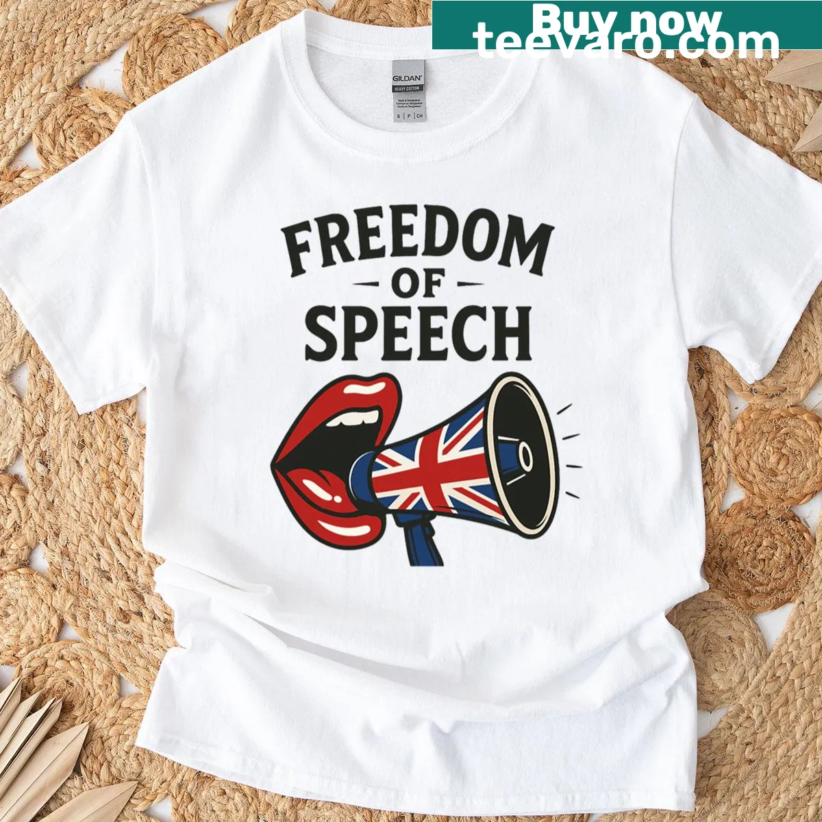 Union Jack megaphone design t-shirt promoting freedom of speech in the UK. — on a men's t-shirt