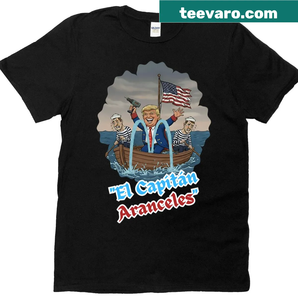 Political satire t-shirt with the phrase 'Captain Tariffs' in bold font — on a men's t-shirt