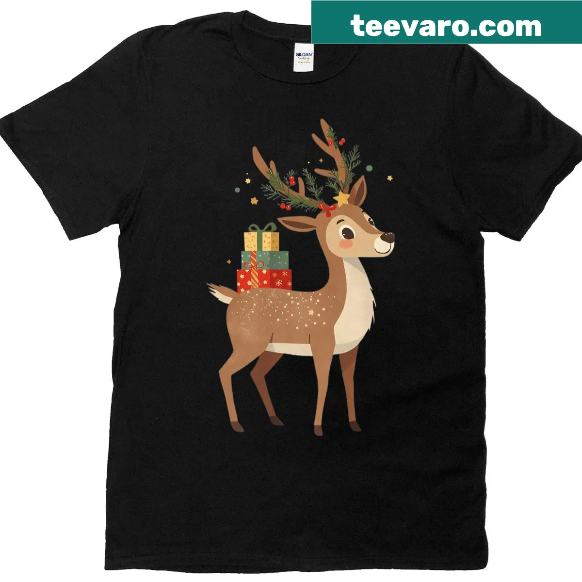 Cartoon reindeer with holiday parcels and decorated antlers — on a men's t-shirt