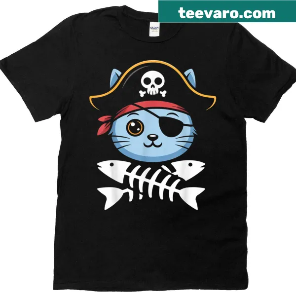 Cartoon cat pirate skeleton design on a t-shirt, depicting a cat in pirate attire
