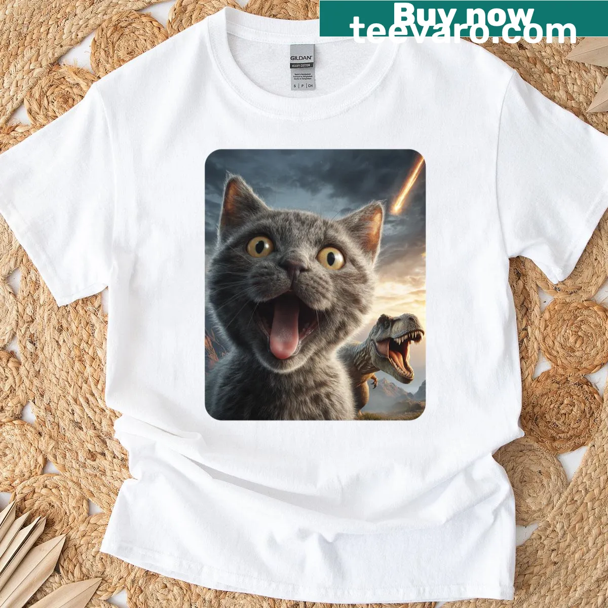 Funny cat selfie design with T-rex dinosaur on a t-shirt. — on a men's t-shirt