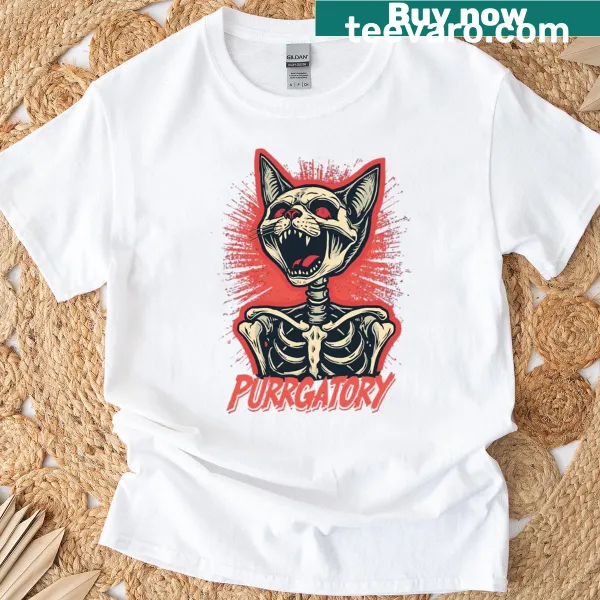 Boxy T-shirt featuring a whimsical cat skeleton in a playful afterlife design