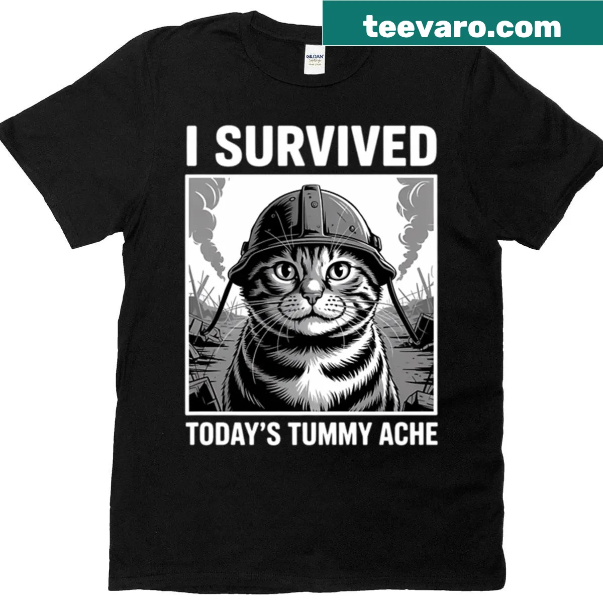Funny T-shirt featuring a whimsical cat and 'Tummy Ache Survivor' text — on a men's t-shirt