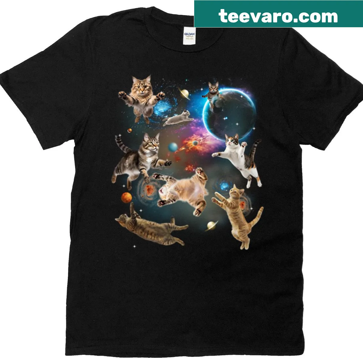 Vintage design of cats floating in the galaxy on t-shirt — on a men's t-shirt