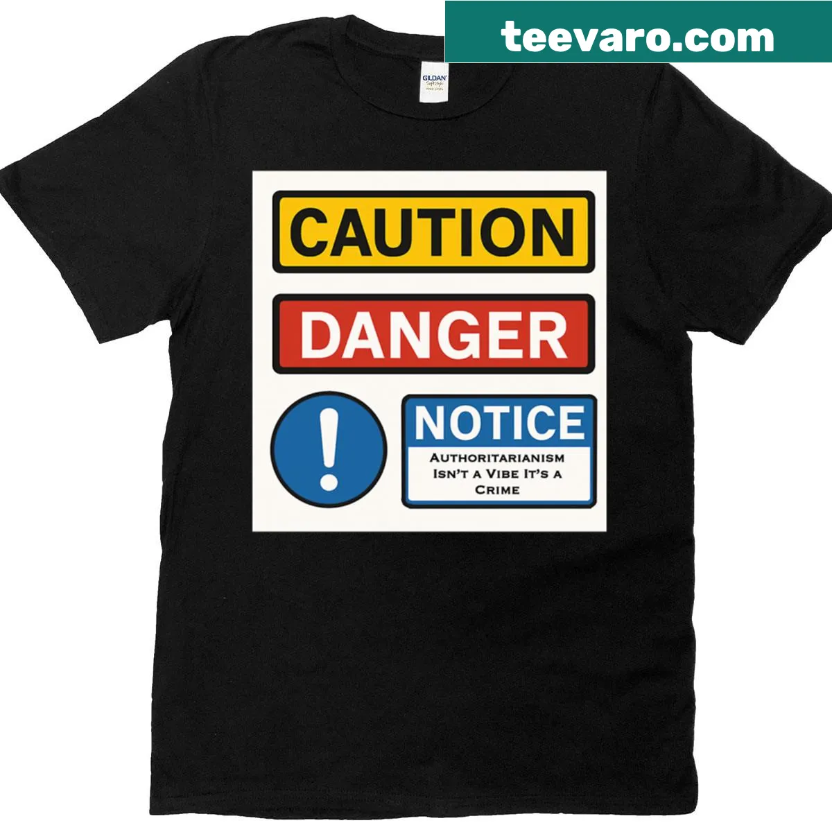 Protest-themed t-shirt with caution notice graphic — on a men's t-shirt