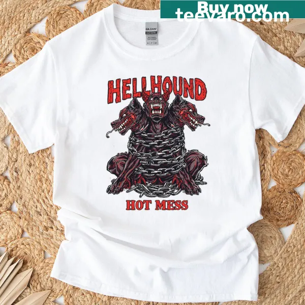 Boxy T-shirt featuring a humorous illustration of Cerberus, the three-headed dog