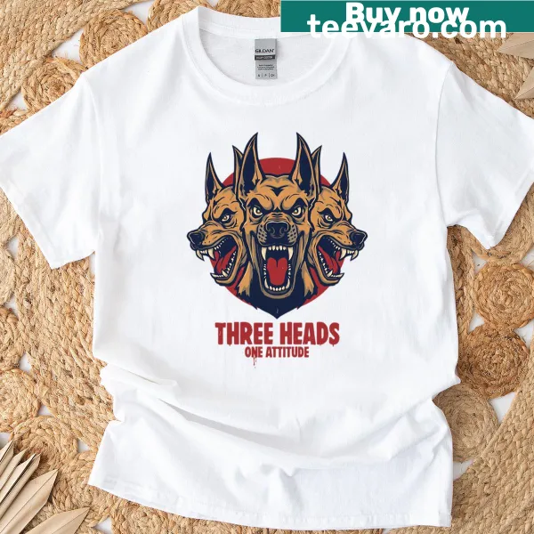 Illustration of Cerberus with three heads on a T-shirt