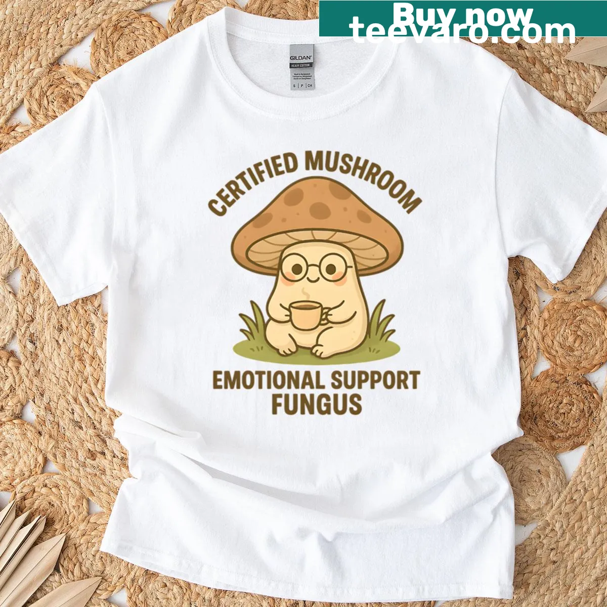 Kawaii mushroom design with funny text on an emotional support theme. — on a men's t-shirt