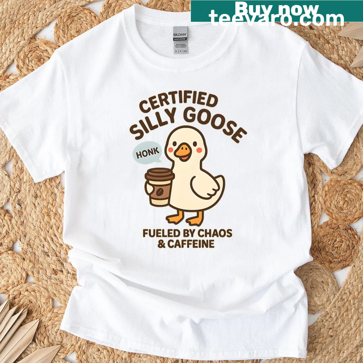 Funny goose drinking coffee with 'Certified Silly Goose' text — on a men's t-shirt
