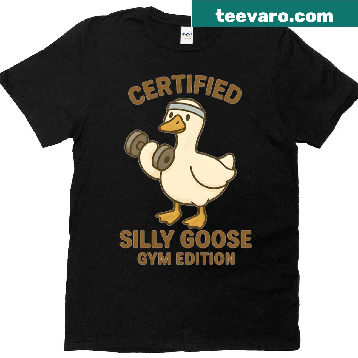 Funny fitness goose with dumbbell graphic T-shirt — on a men's t-shirt