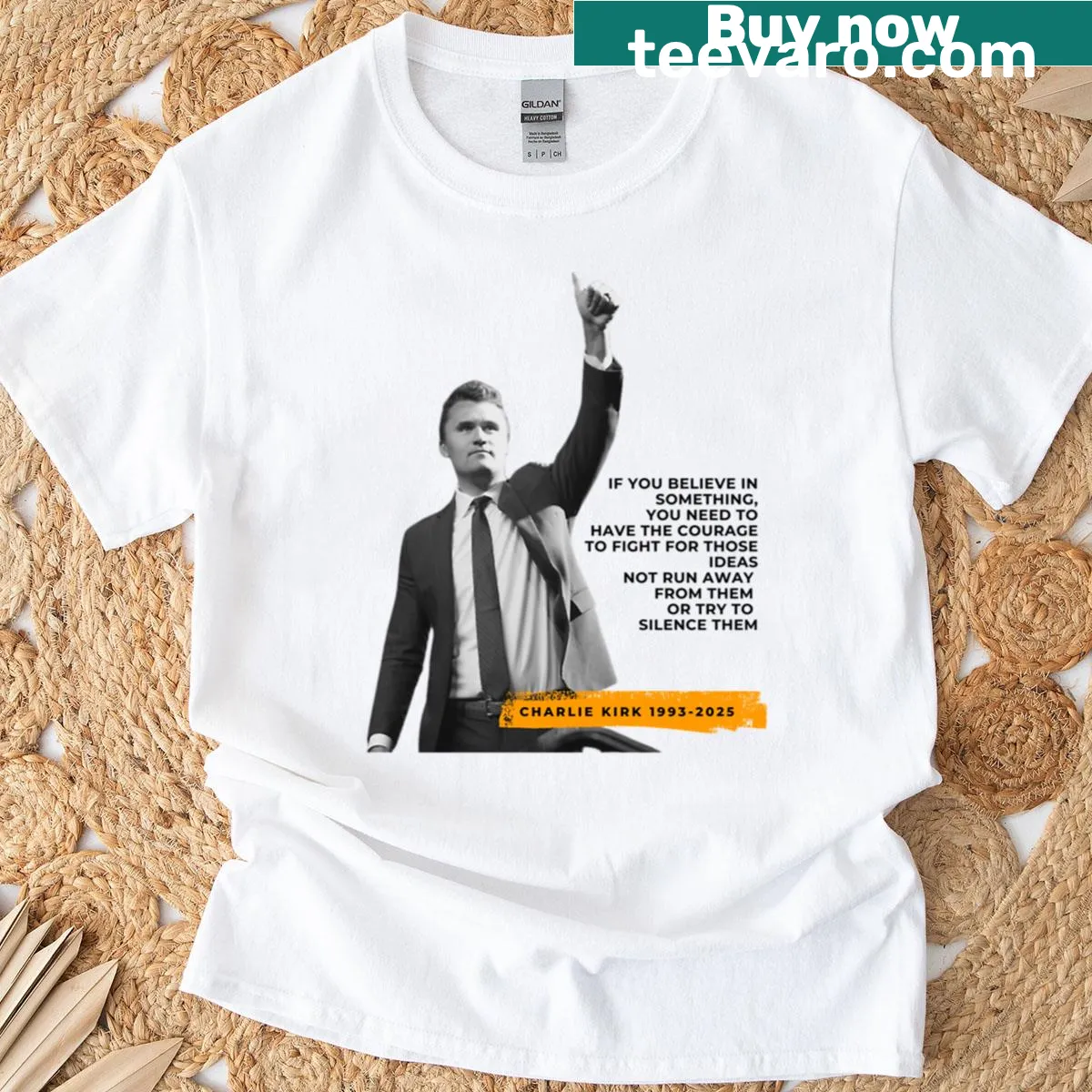Memorial tribute design for Charlie Kirk with historical political elements. — on a men's t-shirt