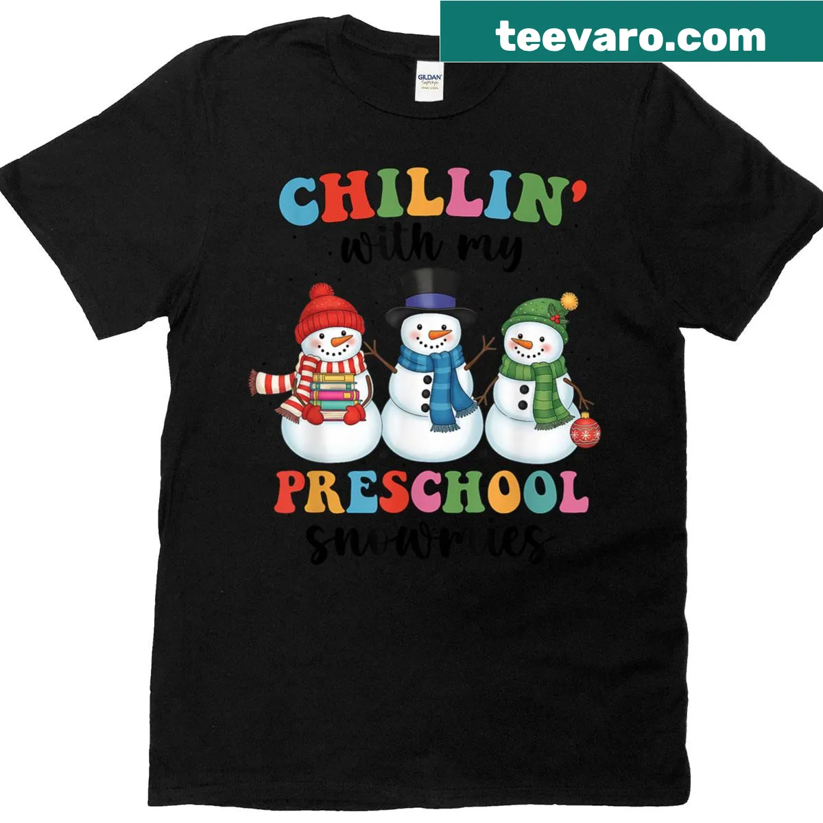 Funny Christmas teacher t-shirt with the phrase 'Chillin With My Preschool Snowmies' — on a men's t-shirt