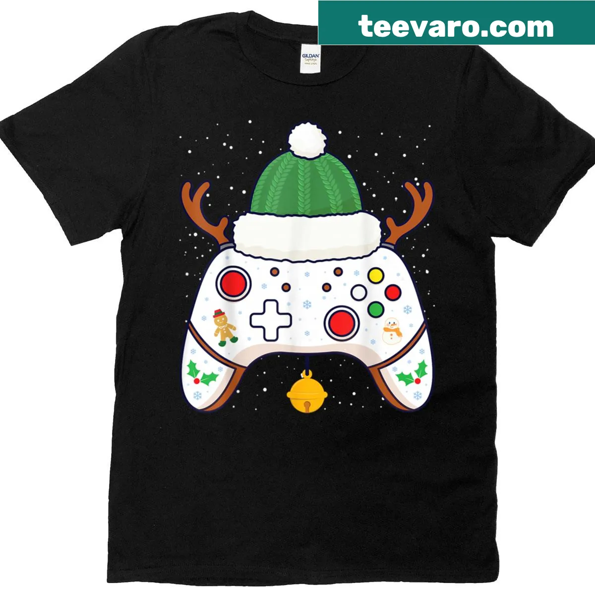 Christmas-themed gamer t-shirt with video game controller graphic — on a men's t-shirt