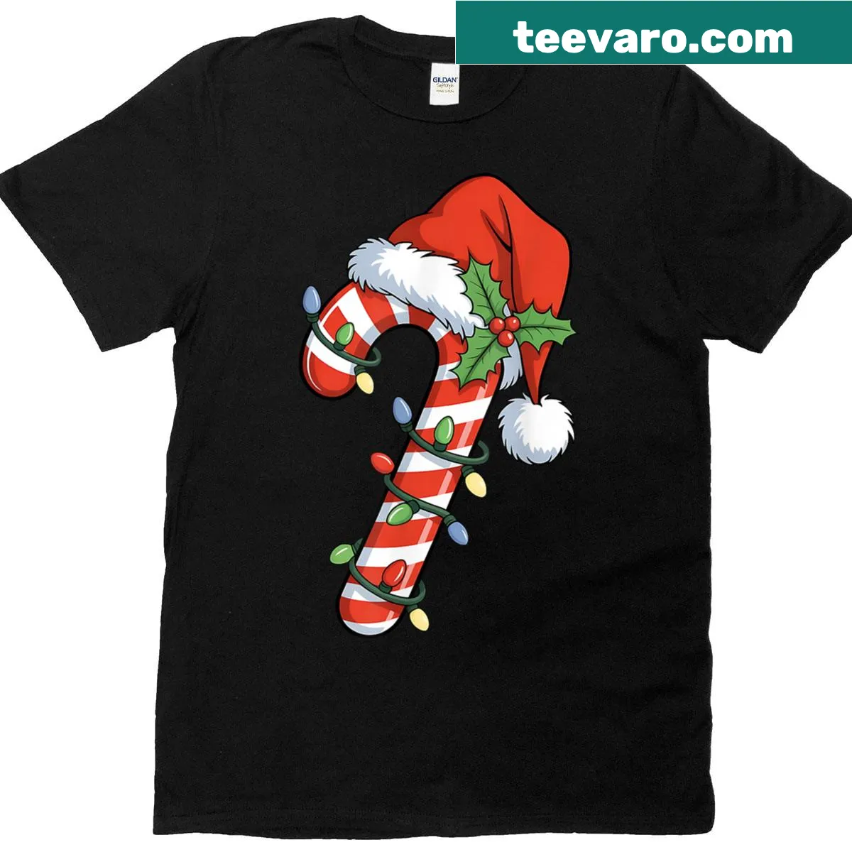 Santa with candy canes and Christmas lights graphic T-shirt — on a men's t-shirt