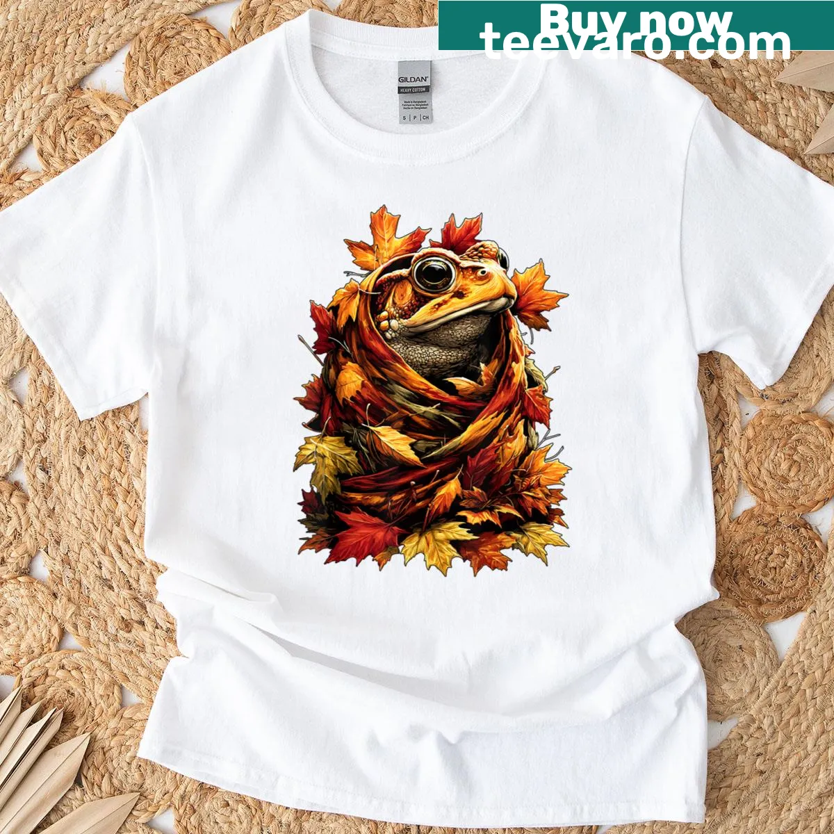 Illustration of a toad surrounded by fall leaves on a t-shirt — on a men's t-shirt