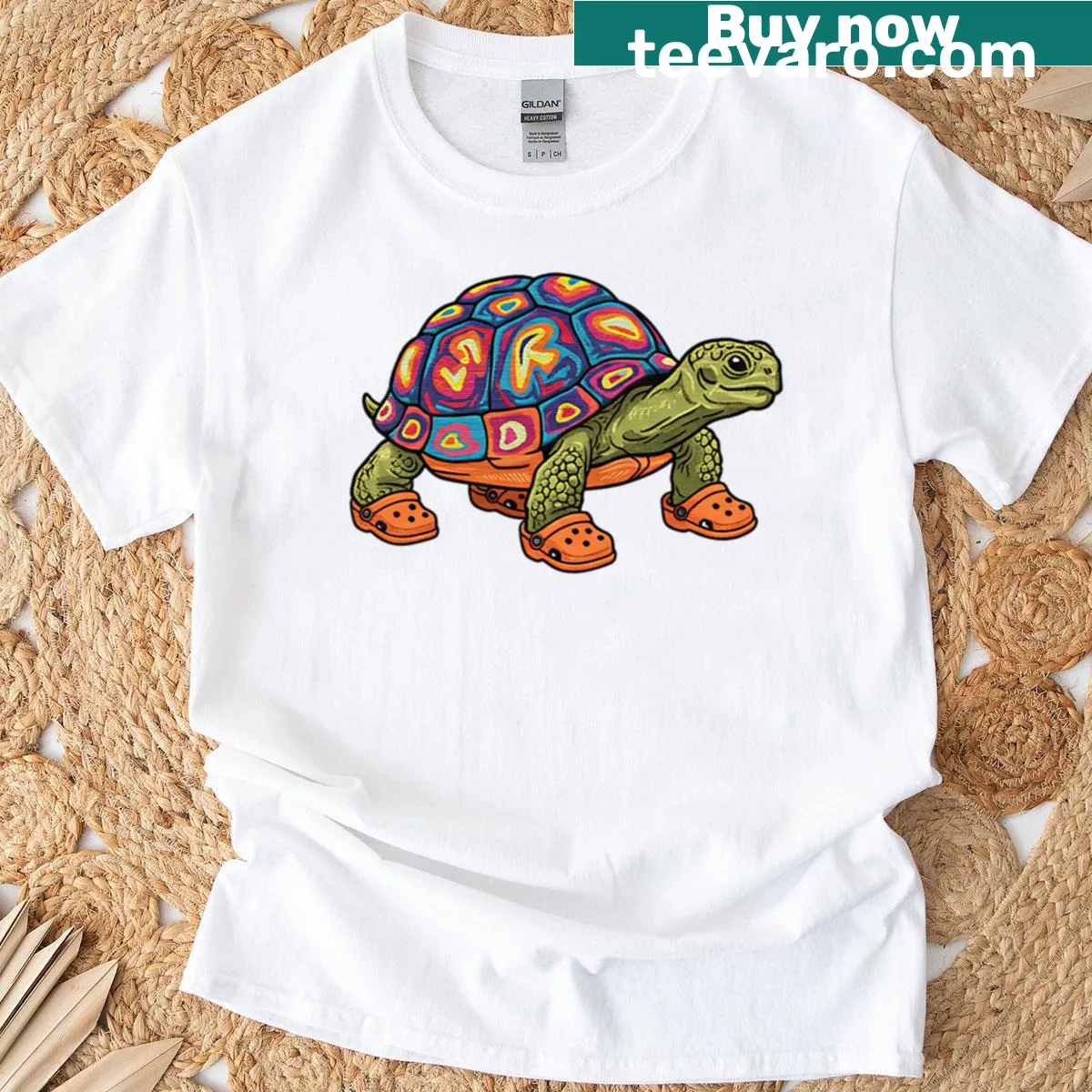 T-shirt featuring a cute turtle wearing shoes — on a men's t-shirt