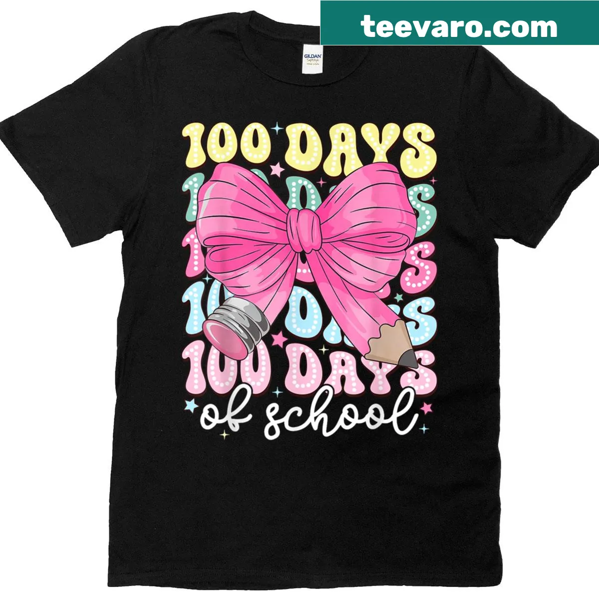 100th Day of School T-shirt with pencil and bow design — on a men's t-shirt