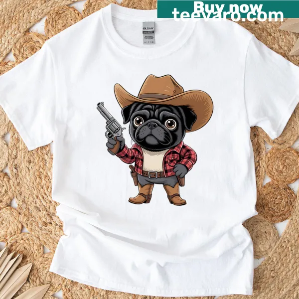 Funny t-shirt featuring a cowboy pug cartoon design