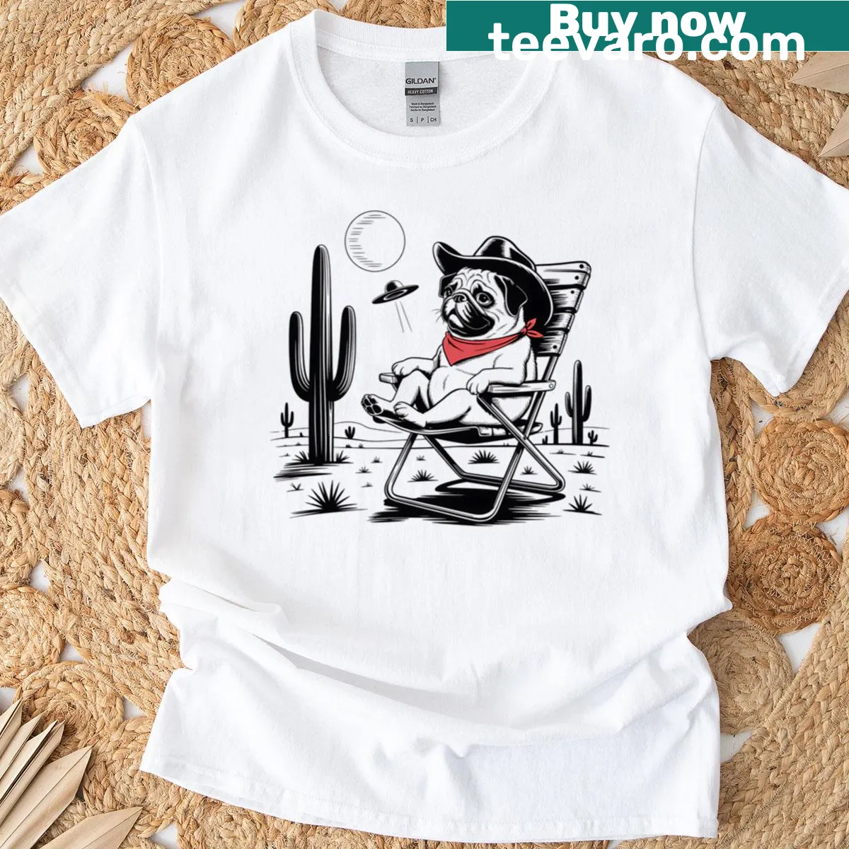Funny cowboy pug in desert with UFO illustration — on a men's t-shirt
