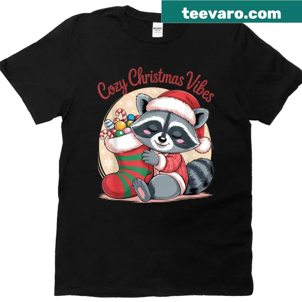 Illustrated raccoon with candy cane in a cozy Christmas scene