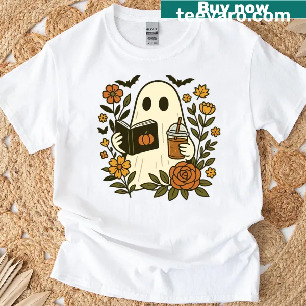 Illustration of a cozy ghost reading with coffee and floral accents