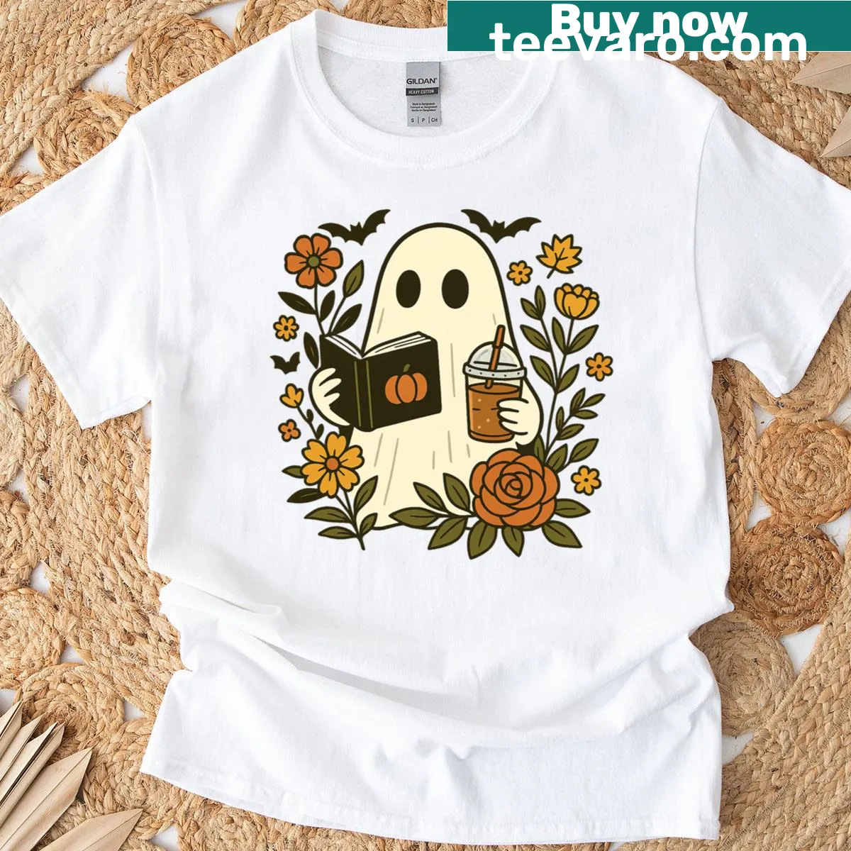 Illustration of a cozy ghost reading with coffee and floral accents — on a men's t-shirt