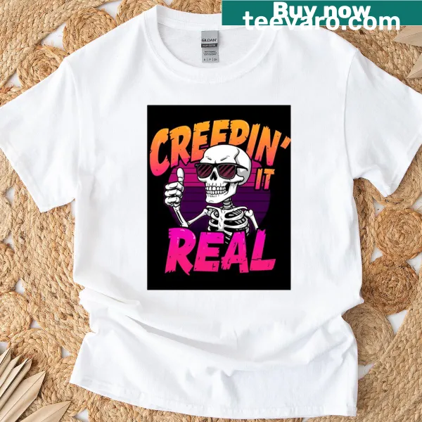 Oversized t-shirt with the phrase Creepin It Real in playful typography