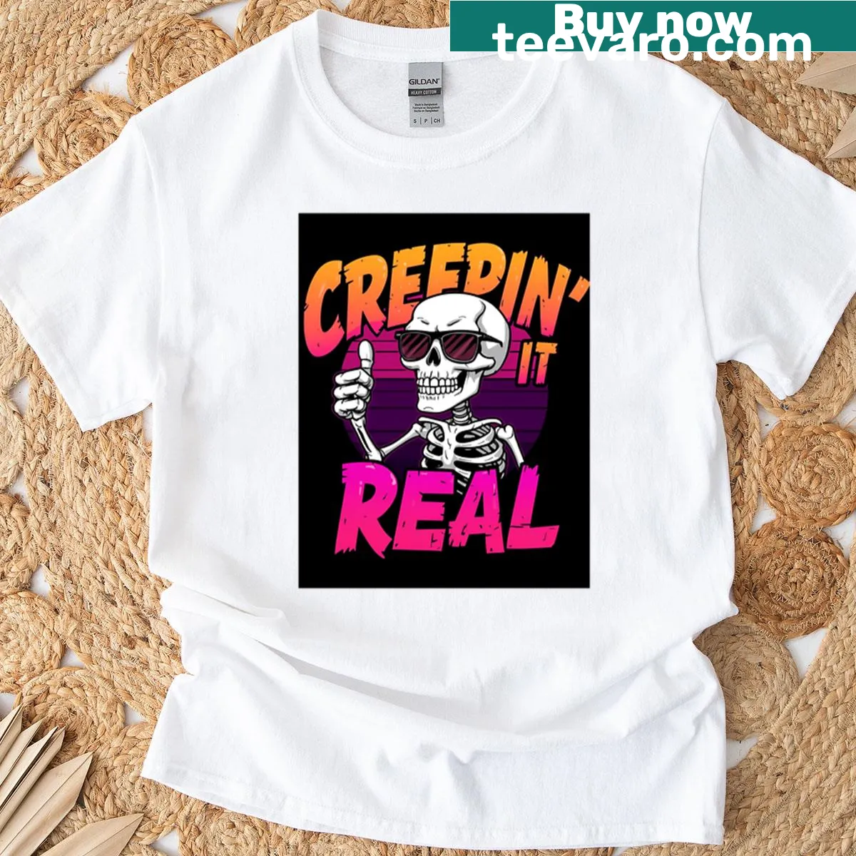 Oversized t-shirt with the phrase Creepin It Real in playful typography — on a men's t-shirt