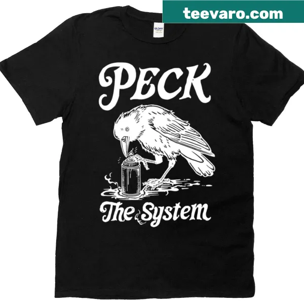 Graphic t-shirt with a crow and the phrase 'Peck The System'