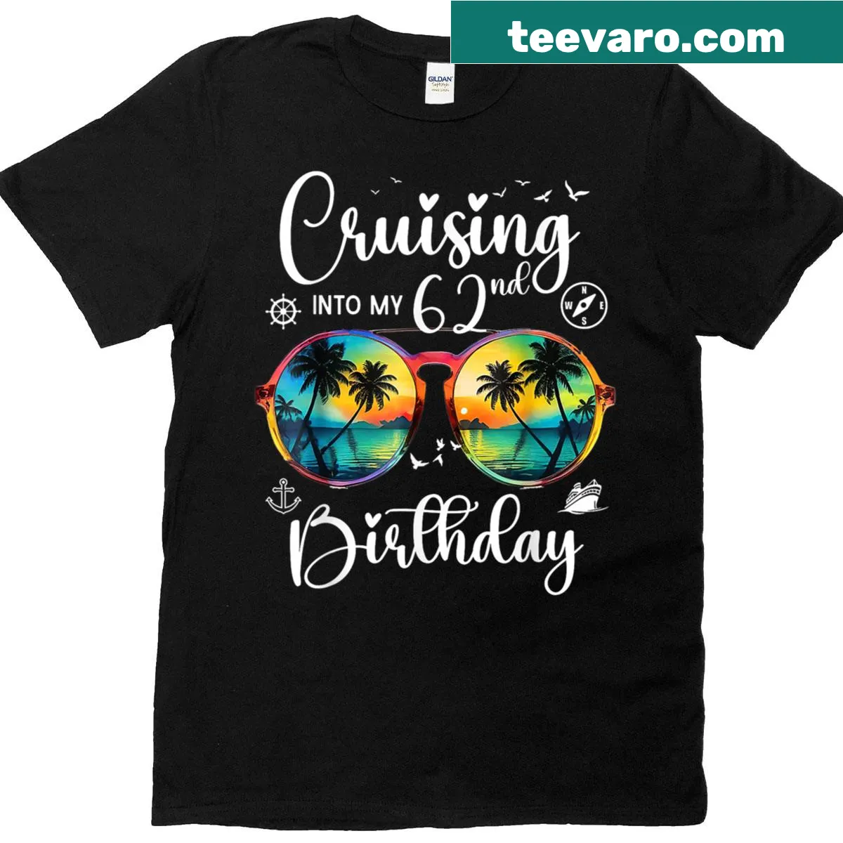 Cruising into 62nd Birthday T-shirt design — on a men's t-shirt