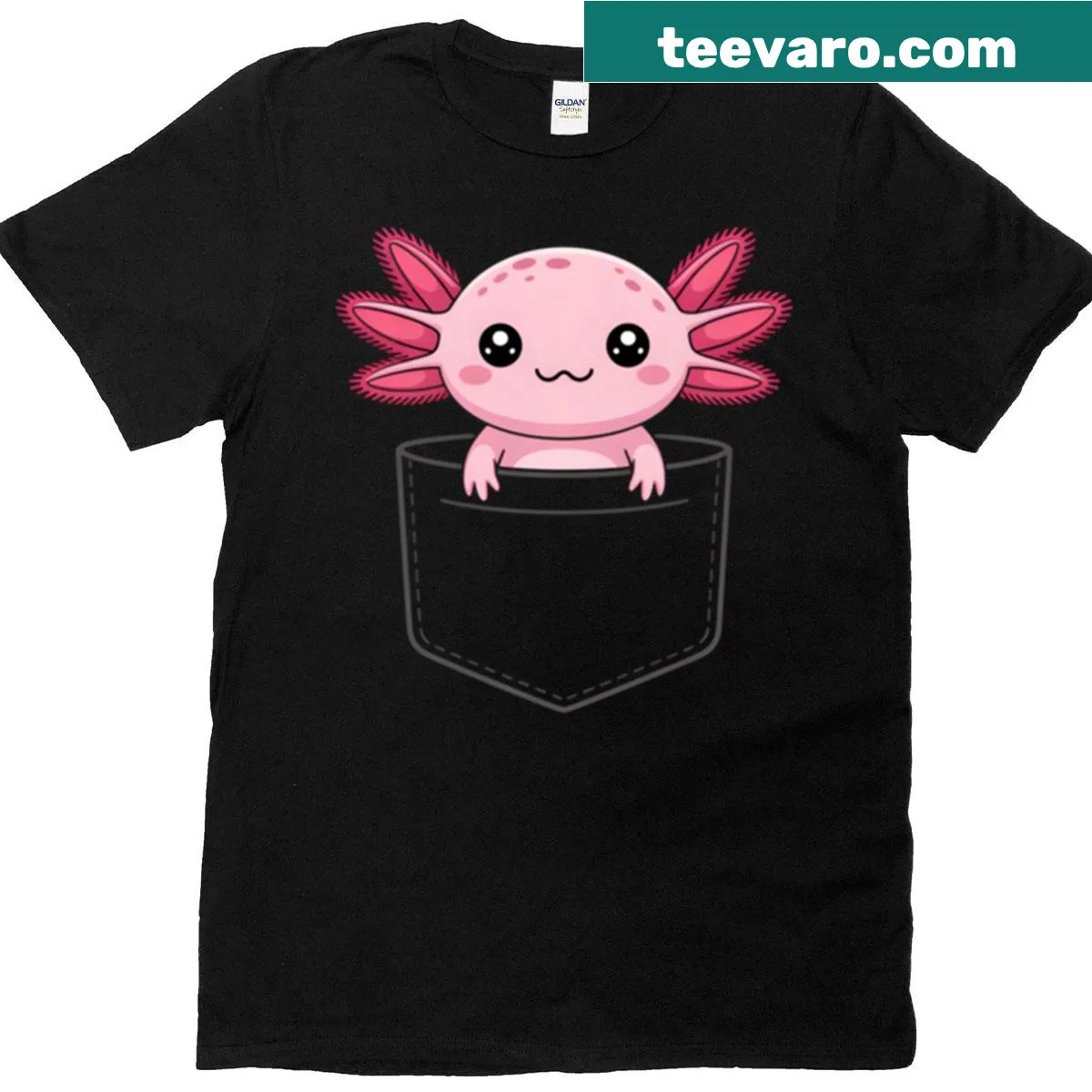Cartoon axolotl peeking out from a pocket on the t-shirt — on a men's t-shirt