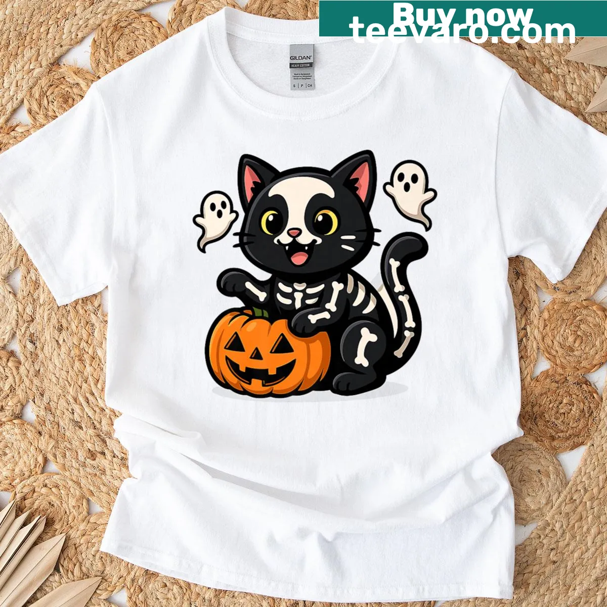 Cute Halloween T-shirt with black cat skeleton and pumpkins — on a men's t-shirt