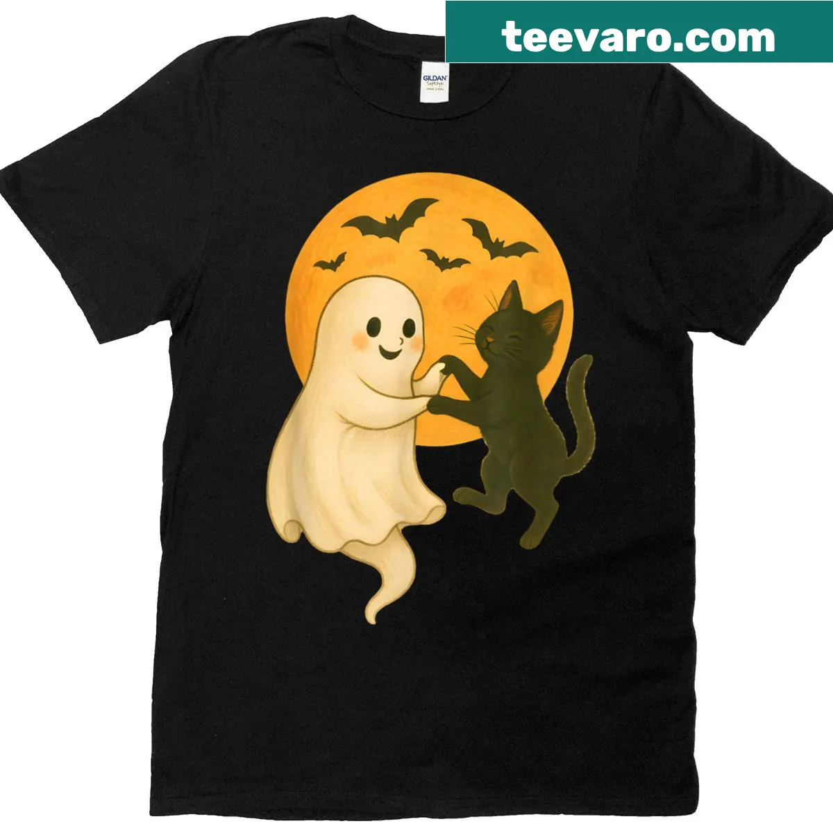 Dancing cat ghost graphic on a Halloween T-shirt — on a men's t-shirt
