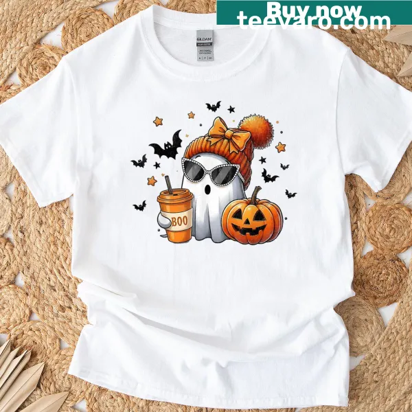 Cute Halloween ghost holding iced coffee graphic T-shirt