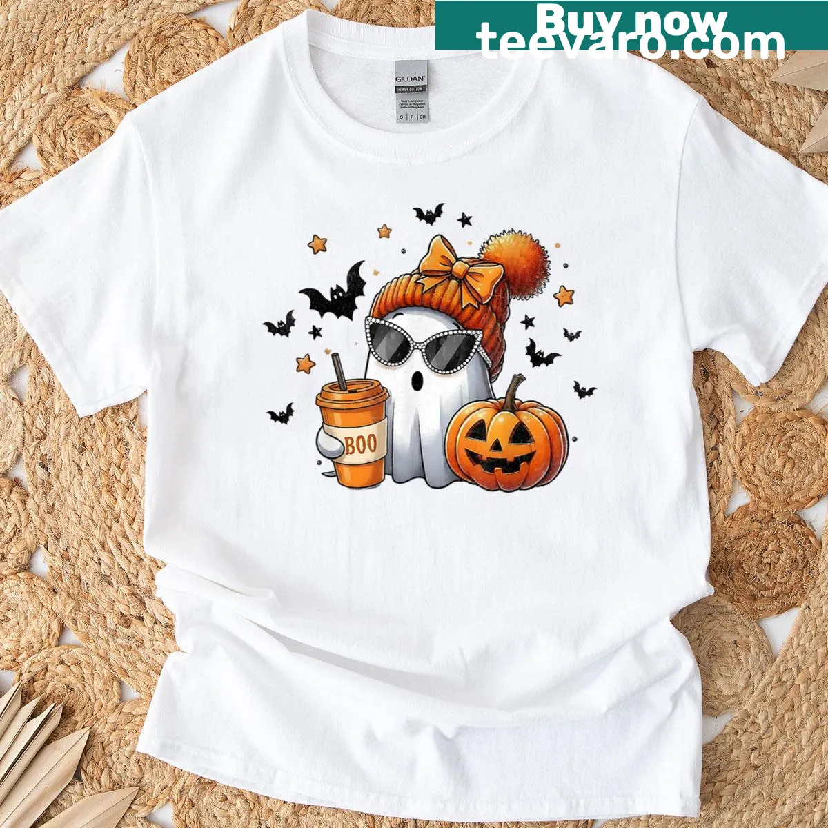 Cute Halloween ghost holding iced coffee graphic T-shirt — on a men's t-shirt